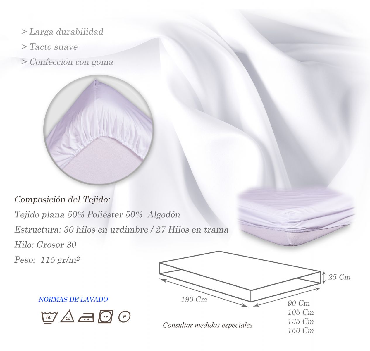 Tradineur - Sábana bajera ajustable de 50% algodón y 50% poliéster para cama  de 105, especial pieles sensibles, suave y transpir